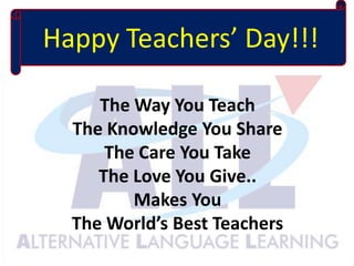 HappyTeachers’ Day!!!,[object Object],The Way You Teach The Knowledge You Share The Care You Take The Love You Give.. Makes You The World’s Best Teachers ,[object Object]
