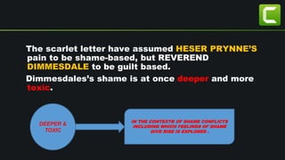 The scarlet letter have assumed HESER PRYNNE’S
pain to be shame-based, but REVEREND
DIMMESDALE to be guilt based.
Dimmesdales’s shame is at once deeper and more
toxic.
DEEPER &
TOXIC
IN THE CONTEXTB OF SHAME CONFLICTS
INCLUDING WHICH FEELINGS OF SHAME
GIVE RISE IS EXPLORED .
 