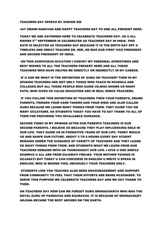 Teachers day speech by KISHOR CHAUHAN 873388913 BARODA GUJARAT | DOCX
