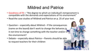 Mildred and Patrice
• Goodness-of-fit – “the degree to which an individual’s temperament is
compatible with the demands and expectations of his environment”
• Read the case studies of Mildred and Patrice on p. 25 of your text.
• Question – especially about Mildred – If the consequences
(name on the board) don’t work to change the behavior, is
it not time to change something with the teacher and/or in
the environment?
• Debate – especially about Patrice – Parents should be able
to request teachers for their children

 