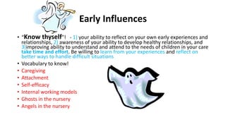 Early Influences
• “Know thyself”! - 1) your ability to reflect on your own early experiences and
relationships, 2) awareness of your ability to develop healthy relationships, and
3)improving ability to understand and attend to the needs of children in your care
take time and effort. Be willing to learn from your experiences and reflect on
better ways to handle difficult situations
• Vocabulary to know!
• Caregiving
• Attachment
• Self-efficacy
• Internal working models
• Ghosts in the nursery
• Angels in the nursery

 