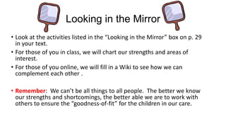 Looking in the Mirror
• Look at the activities listed in the “Looking in the Mirror” box on p. 29
in your text.
• For those of you in class, we will chart our strengths and areas of
interest.
• For those of you online, we will fill in a Wiki to see how we can
complement each other .
• Remember: We can’t be all things to all people. The better we know
our strengths and shortcomings, the better able we are to work with
others to ensure the “goodness-of-fit” for the children in our care.

 