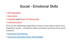 Social - Emotional Skills
• Self-regulation
• Autonomy
• Empathy and Sense of Community
• Communication
Click on the following hyperlinks to learn more about these very
important social – emotional skills and what we know from brain
research.
• Executive Functioning
• Conscious Discipline Brain State Model

 
