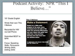 Podcast Activity:  NPR “This I Believe…” 10 th  Grade English Wrote their own This I Believe Recorded for HW via Cell Phone Submitted BEST to NPR Focus: Speaking Skills , Persuasive Writing Skills, Editing Skills 