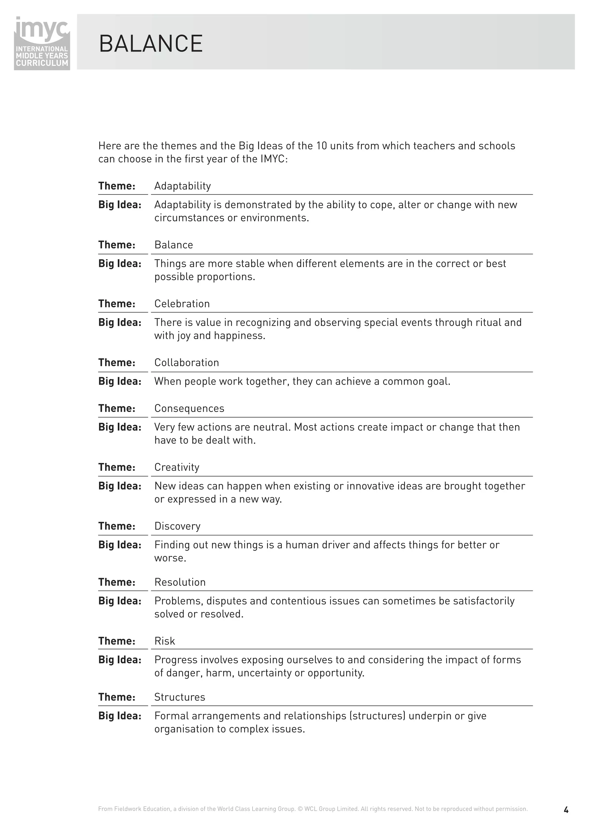 BALANCE



Here are the themes and the Big Ideas of the 10 units from which teachers and schools
can choose in the ﬁrst year of the IMYC:

Theme:              Adaptability
Big Idea:           Adaptability is demonstrated by the ability to cope, alter or change with new
                    circumstances or environments.

Theme:              Balance
Big Idea:           Things are more stable when different elements are in the correct or best
                    possible proportions.

Theme:              Celebration
Big Idea:           There is value in recognizing and observing special events through ritual and
                    with joy and happiness.

Theme:              Collaboration
Big Idea:           When people work together, they can achieve a common goal.

Theme:              Consequences
Big Idea:           Very few actions are neutral. Most actions create impact or change that then
                    have to be dealt with.

Theme:              Creativity
Big Idea:           New ideas can happen when existing or innovative ideas are brought together
                    or expressed in a new way.

Theme:              Discovery
Big Idea:           Finding out new things is a human driver and affects things for better or
                    worse.

Theme:              Resolution
Big Idea:           Problems, disputes and contentious issues can sometimes be satisfactorily
                    solved or resolved.

Theme:              Risk
Big Idea:           Progress involves exposing ourselves to and considering the impact of forms
                    of danger, harm, uncertainty or opportunity.

Theme:              Structures
Big Idea:           Formal arrangements and relationships (structures) underpin or give
                    organisation to complex issues.




From Fieldwork Education, a division of the World Class Learning Group. © WCL Group Limited. All rights reserved. Not to be reproduced without permission.   4
 