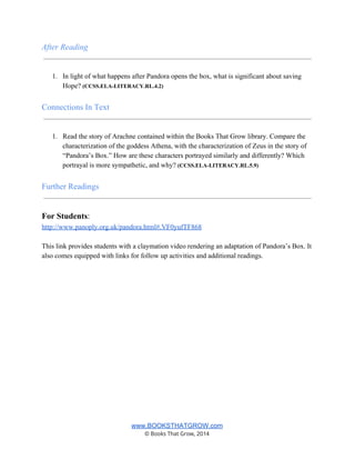 After Reading 
 
 
1. In light of what happens after Pandora opens the box, what is significant about saving 
Hope? (CCSS.ELA­LITERACY.RL.4.2) 
 
Connections In Text 
 
 
1. Read the story of Arachne contained within the Books That Grow library. Compare the 
characterization of the goddess Athena, with the characterization of Zeus in the story of 
“Pandora’s Box.” How are these characters portrayed similarly and differently? Which 
portrayal is more sympathetic, and why? (CCSS.ELA­LITERACY.RL.5.9) 
 
Further Readings 
 
 
For Students: 
http://www.panoply.org.uk/pandora.html#.VF0yufTF868 
 
This link provides students with a claymation video rendering an adaptation of Pandora’s Box. It 
also comes equipped with links for follow up activities and additional readings. 
www.BOOKSTHATGROW.com 
© Books That Grow, 2014 
 