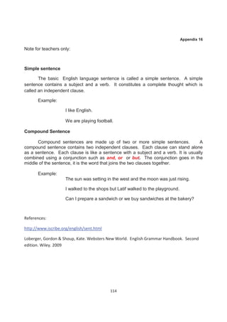 Appendix 16

Note for teachers only:



Simple sentence

       The basic English language sentence is called a simple sentence. A simple
sentence contains a subject and a verb. It constitutes a complete thought which is
called an independent clause.

       Example:

                     I like English.

                     We are playing football.

Compound Sentence

      Compound sentences are made up of two or more simple sentences.               A
compound sentence contains two independent clauses. Each clause can stand alone
as a sentence. Each clause is like a sentence with a subject and a verb. It is usually
combined using a conjunction such as and, or or but. The conjunction goes in the
middle of the sentence, it is the word that joins the two clauses together.

       Example:
                     The sun was setting in the west and the moon was just rising.

                     I walked to the shops but Latif walked to the playground.

                     Can I prepare a sandwich or we buy sandwiches at the bakery?



References:

http://www.iscribe.org/english/sent.html

Loberger, Gordon & Shoup, Kate. Websters New World. English Grammar Handbook. Second
edition. Wiley. 2009




                                           114
 