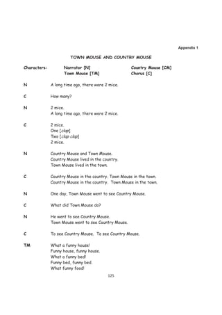Appendix 1

                        TOWN MOUSE AND COUNTRY MOUSE

Characters:          Narrator [N]                     Country Mouse [CM]
                     Town Mouse [TM]                  Chorus [C]

N             A long time ago, there were 2 mice.

C             How many?

N             2 mice.
              A long time ago, there were 2 mice.

C             2 mice.
              One [clap]
              Two [clap clap]
              2 mice.

N             Country Mouse and Town Mouse.
              Country Mouse lived in the country.
              Town Mouse lived in the town.

C             Country Mouse in the country. Town Mouse in the town.
              Country Mouse in the country. Town Mouse in the town.

N             One day, Town Mouse went to see Country Mouse.

C             What did Town Mouse do?

N             He went to see Country Mouse.
              Town Mouse went to see Country Mouse.

C             To see Country Mouse. To see Country Mouse.

TM            What a funny house!
              Funny house, funny house.
              What a funny bed!
              Funny bed, funny bed.
              What funny food!
                                           125
 