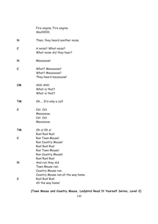 Fire engine. Fire engine.
        Waillllllllll.

N       Then, they heard another noise.

C       A noise? What noise?
        What noise did they hear?

N       Meooooow!

C       What? Meooooow?
        What? Meooooow?
        They heard meooooow!

CM      Ahh! Ahh!
        What is that?
        What is that?

TM      Oh…. It’s only a cat!

C       Cat. Cat.
        Meooooow.
        Cat. Cat.
        Meooooow.

TM      Oh o! Oh o!
        Run! Run! Run!
C       Run Town Mouse!
        Run Country Mouse!
        Run! Run! Run!
        Run Town Mouse!
        Run Country Mouse!
        Run! Run! Run!
N       And run they did.
        Town Mouse ran.
        Country Mouse ran.
        Country Mouse ran all the way home.
C       Run! Run! Run!
        All the way home!

     (Town Mouse and Country Mouse, Ladybird Read It Yourself Series, Level 2)
                                     130
 