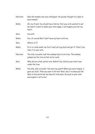 Narrator   Now the monkey was very intelligent. He quickly thought of a plan to
           save himself.

Rakta      Oh, my friend. You should have told me that your wife wanted to eat
           my heart! I want to make your wife happy. I will happily give her my
           heart.

Kara       You will?

Rakta      Yes, of course! But I don’t have my heart with me.

Kara       Where is it?

Rakta      It is in a hole under my fruit tree! Let’s go back and get it! Then I can
           take it to your wife.

Narrator   The silly crocodile took the monkey back to his tree. The monkey
           jumped up the tree as fast as he could.

Kara       Why did you climb up the tree, Rakta? You told me your heart was
           under the tree.

Rakta      You silly, silly crocodile. You were my guest! When you were hungry, I
           gave you food. Then you want to kill me? Well, now I tricked you! Ha!
           Who in this world has two hearts? Silly Kara. Go back to your wife
           and explain it all to her!




                                    133
 