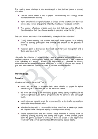 The reading aloud strategy is also encouraged in the first two years of primary
education:

       Teacher reads aloud a text to pupils. Implementing this strategy allows
       teachers to model reading.

       Here, articulation and pronunciation of words by the teacher have to be as
       precise as possible for pupils to efficiently imitate and reproduce correctly.

       This strategy effectively engage pupils in a text that may be too difficult for
       them to read on their own, hence, pupils sit back and enjoy the story.


Teachers should also carry out shared reading strategies in the classroom:

       During shared reading, the teacher and pupils read together, thus allowing
       pupils to actively participate and support one another in the process of
       reading.

       Teachers point to the text as they read slowly for word recognition and to
       “build a sense of story”.


Ultimately, the objective of getting pupils to read a variety of texts enables pupils to
see how grammar is used correctly so that they can emulate them in their productive
skills; speaking and writing. Reading for enjoyment and pleasure in seeking
information and knowledge should be inculcated in pupils. Pupils are also trained to
give their own ideas and opinions in order to become efficient readers.



WRITING SKILL

Overview

It is expected that by the end of Year 6 :

       pupils will be able to express their ideas clearly on paper in legible
       handwriting or to communicate via the electronic media.

       the focus of writing is on developing pupils’ writing ability beginning at the
       word and phrase levels before progressing to the sentence and paragraph
       levels.

       pupils who are capable must be encouraged to write simple compositions
       comprising several paragraphs.

       attention is also paid to penmanship so that even from a young age, pupils
       are taught to write clearly and legibly including cursive writing.

       simple compositions and the various steps involved in writing, such as
       planning, drafting, revising, and editing are taught. In the process, pupils
       learn the genre approach to writing as they are taught to use appropriate
       vocabulary and correct grammar to get their meaning across clearly.




                                             10
 