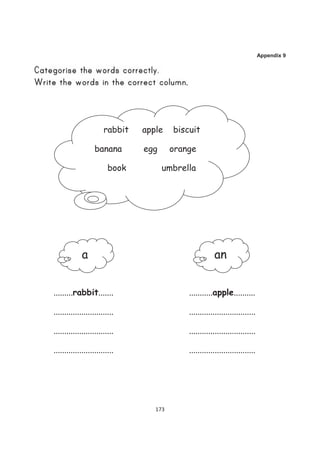 Appendix 9




                                            .




                       rabbit   apple    biscuit

                   banana       egg      orange

                         book         umbrella




             a                                             an


.........rabbit.......                          ...........apple..........

............................                    ...............................

............................                    ...............................

............................                    ...............................




                                   173
 