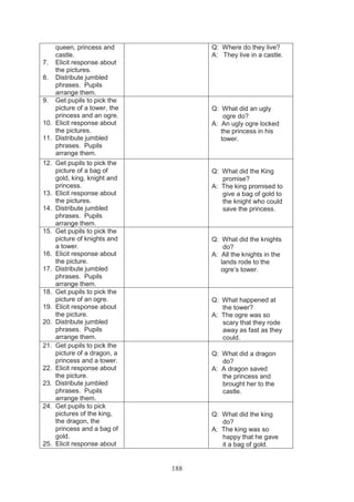 queen, princess and             Q: Where do they live?
    castle.                         A: They live in a castle.
7. Elicit response about
    the pictures.
8. Distribute jumbled
    phrases. Pupils
    arrange them.
9. Get pupils to pick the
    picture of a tower, the         Q: What did an ugly
    princess and an ogre.               ogre do?
10. Elicit response about           A: An ugly ogre locked
    the pictures.                      the princess in his
11. Distribute jumbled                 tower.
    phrases. Pupils
    arrange them.
12. Get pupils to pick the
    picture of a bag of             Q: What did the King
    gold, king, knight and             promise?
    princess.                       A: The king promised to
13. Elicit response about              give a bag of gold to
    the pictures.                      the knight who could
14. Distribute jumbled                 save the princess.
    phrases. Pupils
    arrange them.
15. Get pupils to pick the
    picture of knights and          Q: What did the knights
    a tower.                            do?
16. Elicit response about           A: All the knights in the
    the picture.                       lands rode to the
17. Distribute jumbled                 ogre’s tower.
    phrases. Pupils
    arrange them.
18. Get pupils to pick the
    picture of an ogre.             Q: What happened at
19. Elicit response about              the tower?
    the picture.                    A: The ogre was so
20. Distribute jumbled                 scary that they rode
    phrases. Pupils                    away as fast as they
    arrange them.                      could.
21. Get pupils to pick the
    picture of a dragon, a          Q: What did a dragon
    princess and a tower.              do?
22. Elicit response about           A: A dragon saved
    the picture.                       the princess and
23. Distribute jumbled                 brought her to the
    phrases. Pupils                    castle.
    arrange them.
24. Get pupils to pick
    pictures of the king,           Q: What did the king
    the dragon, the                    do?
    princess and a bag of           A: The king was so
    gold.                              happy that he gave
25. Elicit response about              it a bag of gold.


                              188
 