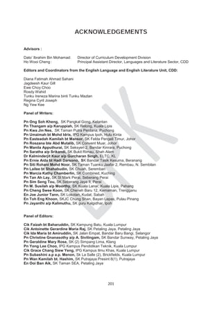 ACKNOWLEDGEMENTS

Advisors :

Dato’ Ibrahim Bin Mohamad:    Director of Curriculum Development Division
Ho Wooi Cheng :               Principal Assistant Director, Languages and Literature Sector, CDD

Editors and Coordinators from the English Language and English Literature Unit, CDD:

Diana Fatimah Ahmad Sahani
Jagdeesh Kaur Gill
Ewe Choy Choo
Rosdy Wahid
Tunku Ireneza Marina binti Tunku Mazlan
Regina Cyril Joseph
Ng Yew Kee

Panel of Writers:

Pn Ong Soh Kheng, SK Pangkal Gong, Kelantan
Pn Thangam a/p Karuppiah, SK Relong, Kuala Lipis
Pn Kwa Jin Nee, SK Taman Putra Perdana, Puchong
Pn Umaimah bt Mohd Idris, IPG Kampus Ipoh, Hulu Kinta
Pn Easteadah Kamilah bt Mansor, SK Felda Pengeli Timur, Johor
Pn Roszana bte Abd Mutalib, SK Convent Muar, Johor
Pn Manila Apputhurai, SK Seksyen 2, Bandar Kinrara, Puchong
Pn Saratha a/p Srikandi, SK Bukit Rimau, Shah Alam
Dr Kalminderjit Kaur a/p Gurcharan Singh, ELTC, KL
Pn Ernie Aida bt Hadi Darsono, SK Bandar Tasik Kesuma, Beranang
Pn Siti Rohani Mohd Noor, SK Taman Tuanku Jaafar 2, Rembau, N. Sembilan
Pn Lailee bt Shahabudin, SK Chuah, Seremban
Pn Marcia Kathy Chamberlin, SK Combined, Kuching
Pn Tan Ah Lay, SK St Mark Perai, Seberang Perai
Pn Sim Seng Tou, SK Seberang Jaya II, Perai
Pn M. Susilah a/p Moorthy, SK Kuala Lanar, Kuala Lipis, Pahang
Pn Cheng Swee Koon, SK Cheneh Baru 12, Kemaman, Trengganu
En Joe Junior Tann, SK Lokotan, Kudat, Sabah
En Toh Eng Khoon, SKJC Chung Shan, Bayan Lepas, Pulau Pinang
Pn Jayanthi a/p Kalimuthu, SK guru Kalgidhar, Ipoh


Panel of Editors:

Cik Faizah bt Baharuddin, SK Kampung Batu, Kuala Lumpur
Cik Antoinette Gerardine Maria Raj, SK Petaling Jaya, Petaling Jaya
Cik Ida Maria bt Amiruddin, SK Jalan Empat, Bandar Baru Bangi, Selangor
Pn Christine Gnanasothy a/p A. Sivilingam, SK Bandar Sunway, Petaling Jaya
Pn Geraldine Mary Rose, SK (2) Simpang Lima, Klang
Pn Yong Lee Choo, IPG Kampus Pendidikan Teknik, Kuala Lumpur
Cik Grace Chang Siew Yeng, IPG Kampus Ilmu Khas, Kuala Lumpur
Pn Subashini a.p a.p. Menon, Sk La Salle (2), Brickfields, Kuala Lumpur
Pn Wan Kamilah bt. Hashim, SK Putrajaya Presint 8(1), Putrajaya
En Ooi Ban Aik, SK Taman SEA, Petaling Jaya




                                                201
 