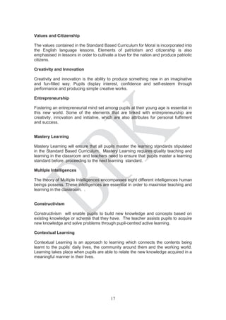 Values and Citizenship

The values contained in the Standard Based Curriculum for Moral is incorporated into
the English language lessons. Elements of patriotism and citizenship is also
emphasised in lessons in order to cultivate a love for the nation and produce patriotic
citizens.

Creativity and Innovation

Creativity and innovation is the ability to produce something new in an imaginative
and fun-filled way. Pupils display interest, confidence and self-esteem through
performance and producing simple creative works.

Entrepreneurship

Fostering an entrepreneurial mind set among pupils at their young age is essential in
this new world. Some of the elements that are linked with entrepreneurship are
creativity, innovation and initiative, which are also attributes for personal fulfilment
and success.


Mastery Learning

Mastery Learning will ensure that all pupils master the learning standards stipulated
in the Standard Based Curriculum. Mastery Learning requires quality teaching and
learning in the classroom and teachers need to ensure that pupils master a learning
standard before proceeding to the next learning standard.

Multiple Intelligences

The theory of Multiple Intelligences encompasses eight different intelligences human
beings possess. These intelligences are essential in order to maximise teaching and
learning in the classroom. .


Constructivism

Constructivism will enable pupils to build new knowledge and concepts based on
existing knowledge or schema that they have. The teacher assists pupils to acquire
new knowledge and solve problems through pupil-centred active learning.

Contextual Learning

Contextual Learning is an approach to learning which connects the contents being
learnt to the pupils’ daily lives, the community around them and the working world.
Learning takes place when pupils are able to relate the new knowledge acquired in a
meaningful manner in their lives.




                                          17
 