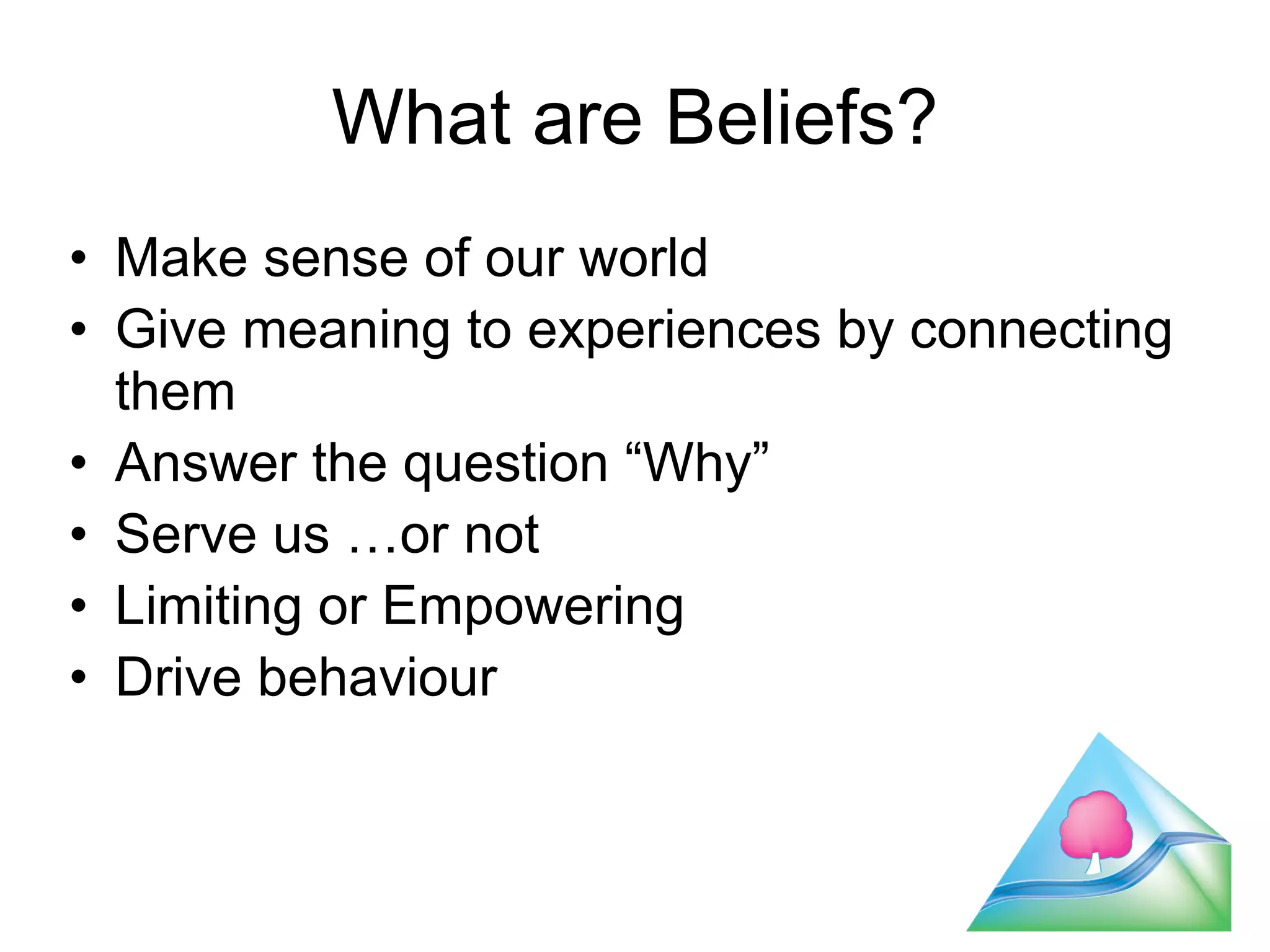 What are Beliefs? 
• Make sense of our world 
• Give meaning to experiences by connecting 
them 
• Answer the question “Why” 
• Serve us …or not 
• Limiting or Empowering 
• Drive behaviour 
14 
 