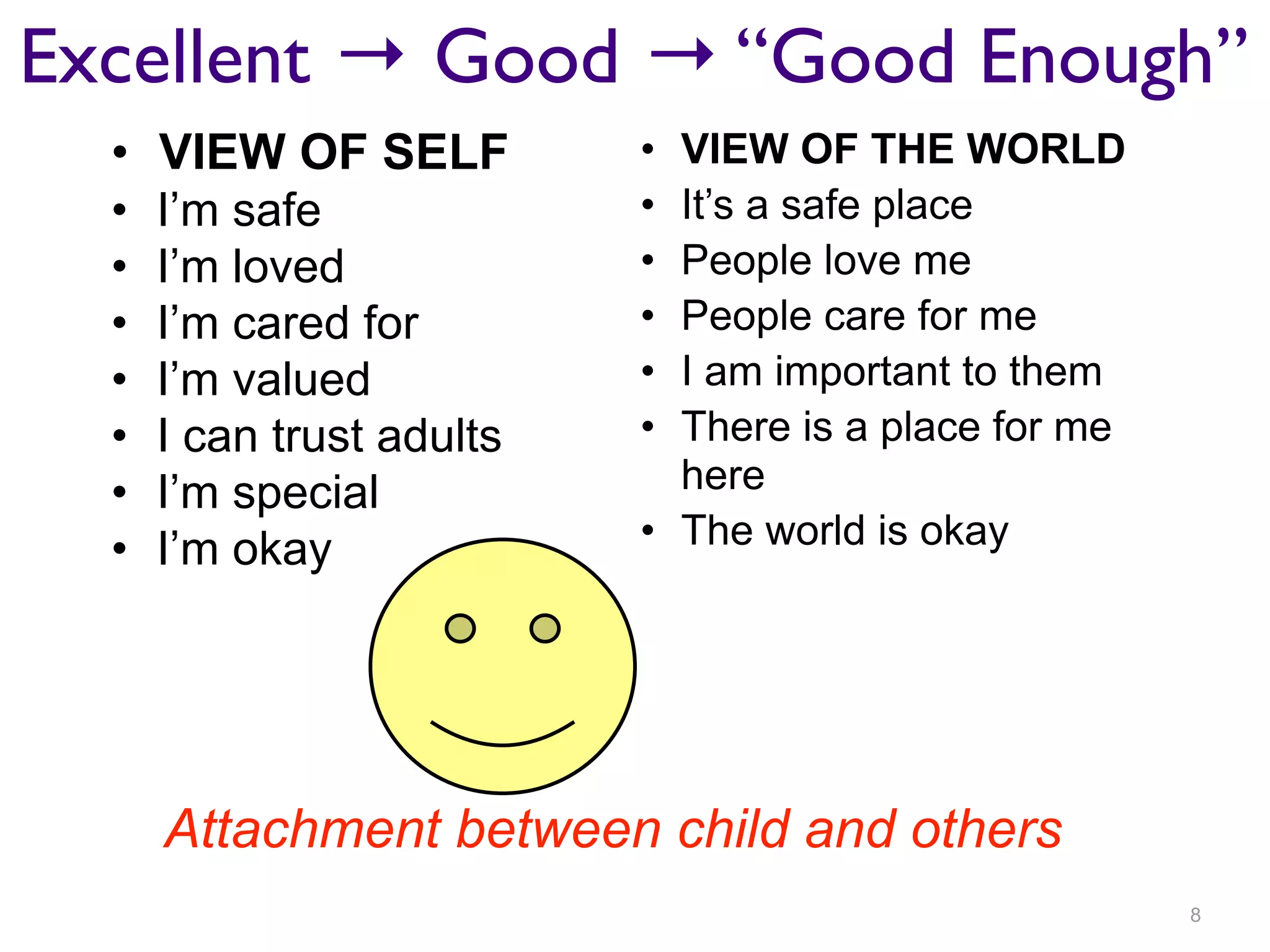 Excellent → Good → “Good Enough” 
• VIEW OF SELF 
• I’m safe 
• I’m loved 
• I’m cared for 
• I’m valued 
• I can trust adults 
• I’m special 
• I’m okay 
• VIEW OF THE WORLD 
• It’s a safe place 
• People love me 
• People care for me 
• I am important to them 
• There is a place for me 
here 
• The world is okay 
Attachment between child and others 
8 
 