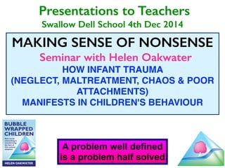 Presentations to Teachers 
Swallow Dell School 4th Dec 2014 
MAKING SENSE OF NONSENSE 
Seminar with Helen Oakwater 
HOW INFANT TRAUMA ! 
(NEGLECT, MALTREATMENT, CHAOS & POOR 
ATTACHMENTS) ! 
MANIFESTS IN CHILDREN'S BEHAVIOUR ! 
! 
A problem well defined 
is a problem half solved 1 
 
