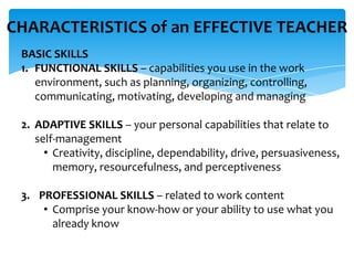 CHARACTERISTICS of an EFFECTIVE TEACHER
BASIC SKILLS
1. FUNCTIONAL SKILLS – capabilities you use in the work
environment, such as planning, organizing, controlling,
communicating, motivating, developing and managing
2. ADAPTIVE SKILLS – your personal capabilities that relate to
self-management
• Creativity, discipline, dependability, drive, persuasiveness,
memory, resourcefulness, and perceptiveness
3. PROFESSIONAL SKILLS – related to work content
• Comprise your know-how or your ability to use what you
already know
 