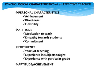 PSYCHOLOGICAL CHARACTERISTICS of an EFFECTIVE TEACHER
PERSONAL CHARACTERISTICS
Achievement
Directness
Flexibility
ATTITUDE
Motivation to teach
Empathy towards students
Commitment
EXPERIENCE
Years of teaching
Experience in subjects taught
Experience with particular grade
APTITUDE/ACHIEVEMENT
 