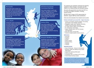 Our sessions are constantly monitored and regularly
        Bryntysilio                               ECS (Environmental                      updated to reflect changes in education and the
        Residential centre located near           Curriculum Service)                     needs of our visiting schools and education groups.
        Llangollen. Set in its own beautiful      Day centre located in south-east        We work with groups from pre-school and KS1 up
        grounds, this centre provides a broad     London. This centre is in a unique      to Further and Higher Education, including
        adventurous programme including           nine-acre wildlife site and is          special schools.
        activities such as mountaineering,        specifically designed for educational   We also have a range of CPD opportunities for
        canoeing and mountain biking.             use. It contains many exciting          teachers, support staff and other practitioners.
        Capacity: 50                              outdoor education resources.
                                                  Capacity: 90                            Here are some examples of our sessions and courses:
                                                                                          Cross curriculum (pre-school/ KS1 – Higher Education)
        Ty’n y Berth
                                                                                          l Science: mini-beasts, pond/river dipping, rock pooling,
        Residential centre comprising of          Horton Kirby                              salt marshes, micro-climates, forensics.
        two sites located on the edge of the      Day centre located in Kent              l Geography: coasts, rivers, hazards, contrasting
        Snowdonia National Park.                  surrounded by farmland, woods             localities, geomorphology, rebranding.
        Courses at this centre                    and villages and is close to the        l Art: paper-making, pottery, environmental art.
        include adventurous                       River Darent and a Country              l PE: orienteering, route finding.
        activities such as                        Park. All of these provide              l History: Victorian quarry, life of an evacuee,
        caving, climbing                          wonderful opportunities for learning      mine exploration.
        and gorge walking.                        and discovery.                          l D&T: land yachts, survival skills.
                                                                                          l General or subject specific revision sessions
        Capacity: 40 and 30                       Capacity: 90
                                                                                          Adventure
                                                                                          l Bushcraft
        Townsend                                  Margaret McMillan House                 l Kayaking
        Residential centre located on the         Residential centre located in rural     l Archery
        World Heritage Jurassic Coast in          Kent on the North Downs and             l Ropes Courses
        Swanage, Dorset. This centre provides     conveniently near to London.            l Mountain Biking
        a broad range of activities with a        Margaret McMillan has 26 acres which    l Abseiling
        strong focus on using the local area as   includes ropes courses, obstacle        l Camping
        much as possible in its courses.          courses and initiative exercises.
                                                                                          Awards/courses
        Capacity: 115                             Capacity: 150
                                                                                          l Duke of Edinburgh – Bronze to Gold awards
                                                                                          l Mountain Leader and Walking Group Leader
                                                                                            NGB awards
                                                                                          l Single Pitch (climbing) NGB award
                                                                                          l First Aid courses
                                                                                          l Educational Visit Co-ordinator (EVC) courses
                                                                                          l Forest Schools training courses


                                                                                           Our centres are all quality assured and hold
                                                                                           certificates from the Adventurous Activities
                                                                                           Licensing Authority (AALA) or the Learning
                                                                                           Outside the Classroom (LOTC) Quality Badge.



WH5870 - Teachers Leaflet amend V1.indd 2                                                                                                     25/08/2011 09:02
 