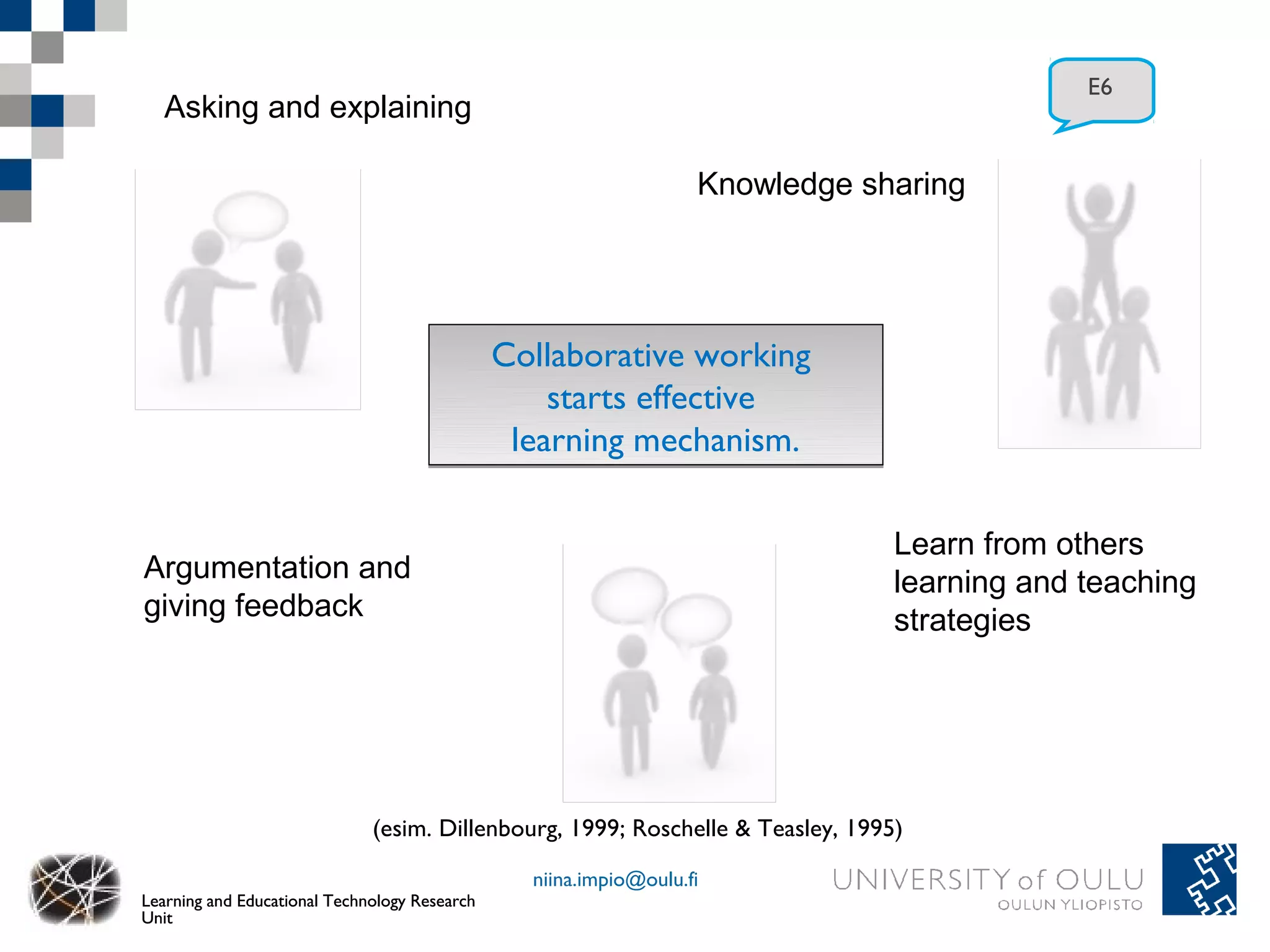 E6
  Asking and explaining

                                                                   Knowledge sharing




                                               Collaborative working
                                                   starts effective
                                                learning mechanism.

                                                                                 Learn from others
Argumentation and                                                                learning and teaching
giving feedback                                                                  strategies




                              (esim. Dillenbourg, 1999; Roschelle & Teasley, 1995)

                                                 niina.impio@oulu.fi
Learning and Educational Technology Research
Unit
 