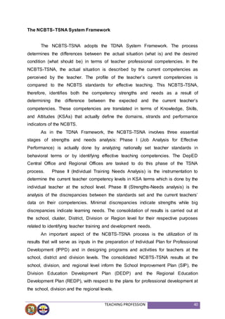 TEACHING PROFESSION 40
The NCBTS- TSNA System Framework
The NCBTS-TSNA adopts the TDNA System Framework. The process
determines the differences between the actual situation (what is) and the desired
condition (what should be) in terms of teacher professional competencies. In the
NCBTS-TSNA, the actual situation is described by the current competencies as
perceived by the teacher. The profile of the teacher’s current competencies is
compared to the NCBTS standards for effective teaching. This NCBTS-TSNA,
therefore, identifies both the competency strengths and needs as a result of
determining the difference between the expected and the current teacher’s
competencies. These competencies are translated in terms of Knowledge, Skills,
and Attitudes (KSAs) that actually define the domains, strands and performance
indicators of the NCBTS.
As in the TDNA Framework, the NCBTS-TSNA involves three essential
stages of strengths and needs analysis: Phase I (Job Analysis for Effective
Performance) is actually done by analyzing nationally set teacher standards in
behavioral terms or by identifying effective teaching competencies. The DepED
Central Office and Regional Offices are tasked to do this phase of the TSNA
process. Phase II (Individual Training Needs Analysis) is the instrumentation to
determine the current teacher competency levels in KSA terms which is done by the
individual teacher at the school level. Phase III (Strengths-Needs analysis) is the
analysis of the discrepancies between the standards set and the current teachers’
data on their competencies. Minimal discrepancies indicate strengths while big
discrepancies indicate learning needs. The consolidation of results is carried out at
the school, cluster, District, Division or Region level for their respective purposes
related to identifying teacher training and development needs.
An important aspect of the NCBTS-TSNA process is the utilization of its
results that will serve as inputs in the preparation of Individual Plan for Professional
Development (IPPD) and in designing programs and activities for teachers at the
school, district and division levels. The consolidated NCBTS-TSNA results at the
school, division, and regional level inform the School Improvement Plan (SIP), the
Division Education Development Plan (DEDP) and the Regional Education
Development Plan (REDP), with respect to the plans for professional development at
the school, division and the regional levels.
 