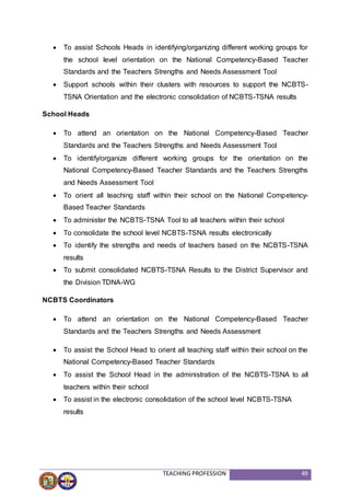 TEACHING PROFESSION 49
 To assist Schools Heads in identifying/organizing different working groups for
the school level orientation on the National Competency-Based Teacher
Standards and the Teachers Strengths and Needs Assessment Tool
 Support schools within their clusters with resources to support the NCBTS-
TSNA Orientation and the electronic consolidation of NCBTS-TSNA results
School Heads
 To attend an orientation on the National Competency-Based Teacher
Standards and the Teachers Strengths and Needs Assessment Tool
 To identify/organize different working groups for the orientation on the
National Competency-Based Teacher Standards and the Teachers Strengths
and Needs Assessment Tool
 To orient all teaching staff within their school on the National Competency-
Based Teacher Standards
 To administer the NCBTS-TSNA Tool to all teachers within their school
 To consolidate the school level NCBTS-TSNA results electronically
 To identify the strengths and needs of teachers based on the NCBTS-TSNA
results
 To submit consolidated NCBTS-TSNA Results to the District Supervisor and
the Division TDNA-WG
NCBTS Coordinators
 To attend an orientation on the National Competency-Based Teacher
Standards and the Teachers Strengths and Needs Assessment
 To assist the School Head to orient all teaching staff within their school on the
National Competency-Based Teacher Standards
 To assist the School Head in the administration of the NCBTS-TSNA to all
teachers within their school
 To assist in the electronic consolidation of the school level NCBTS-TSNA
results
 