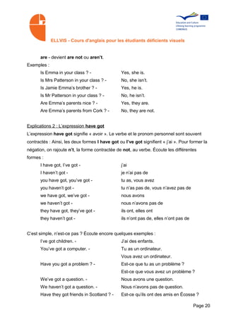 ELLVIS - Cours d'anglais pour les étudiants déficients visuels


       are - devient are not ou aren’t.
Exemples :
       Is Emma in your class ? -                 Yes, she is.
       Is Mrs Patterson in your class ? -        No, she isn’t.
       Is Jamie Emma’s brother ? -               Yes, he is.
       Is Mr Patterson in your class ? -         No, he isn’t.
       Are Emma’s parents nice ? -               Yes, they are.
       Are Emma’s parents from Cork ? -          No, they are not.


Explications 2 : L’expression have got
L’expression have got signifie « avoir ». Le verbe et le pronom personnel sont souvent
contractés : Ainsi, les deux formes I have got ou I’ve got signifient « j’ai ». Pour former la
négation, on rajoute n’t, la forme contractée de not, au verbe. Écoute les différentes
formes :
       I have got, I’ve got -                    j’ai
       I haven’t got -                           je n’ai pas de
       you have got, you’ve got -                tu as, vous avez
       you haven’t got -                         tu n’as pas de, vous n’avez pas de
       we have got, we’ve got -                  nous avons
       we haven’t got -                          nous n’avons pas de
       they have got, they’ve got -              ils ont, elles ont
       they haven’t got -                        ils n’ont pas de, elles n’ont pas de


C’est simple, n’est-ce pas ? Écoute encore quelques exemples :
       I’ve got children. -                      J’ai des enfants.
       You’ve got a computer. -                  Tu as un ordinateur.
                                                 Vous avez un ordinateur.
       Have you got a problem ? -                Est-ce que tu as un problème ?
                                                 Est-ce que vous avez un problème ?
       We’ve got a question. -                   Nous avons une question.
       We haven’t got a question. -              Nous n’avons pas de question.
       Have they got friends in Scotland ? -     Est-ce qu’ils ont des amis en Écosse ?

                                                                                        Page 20
 