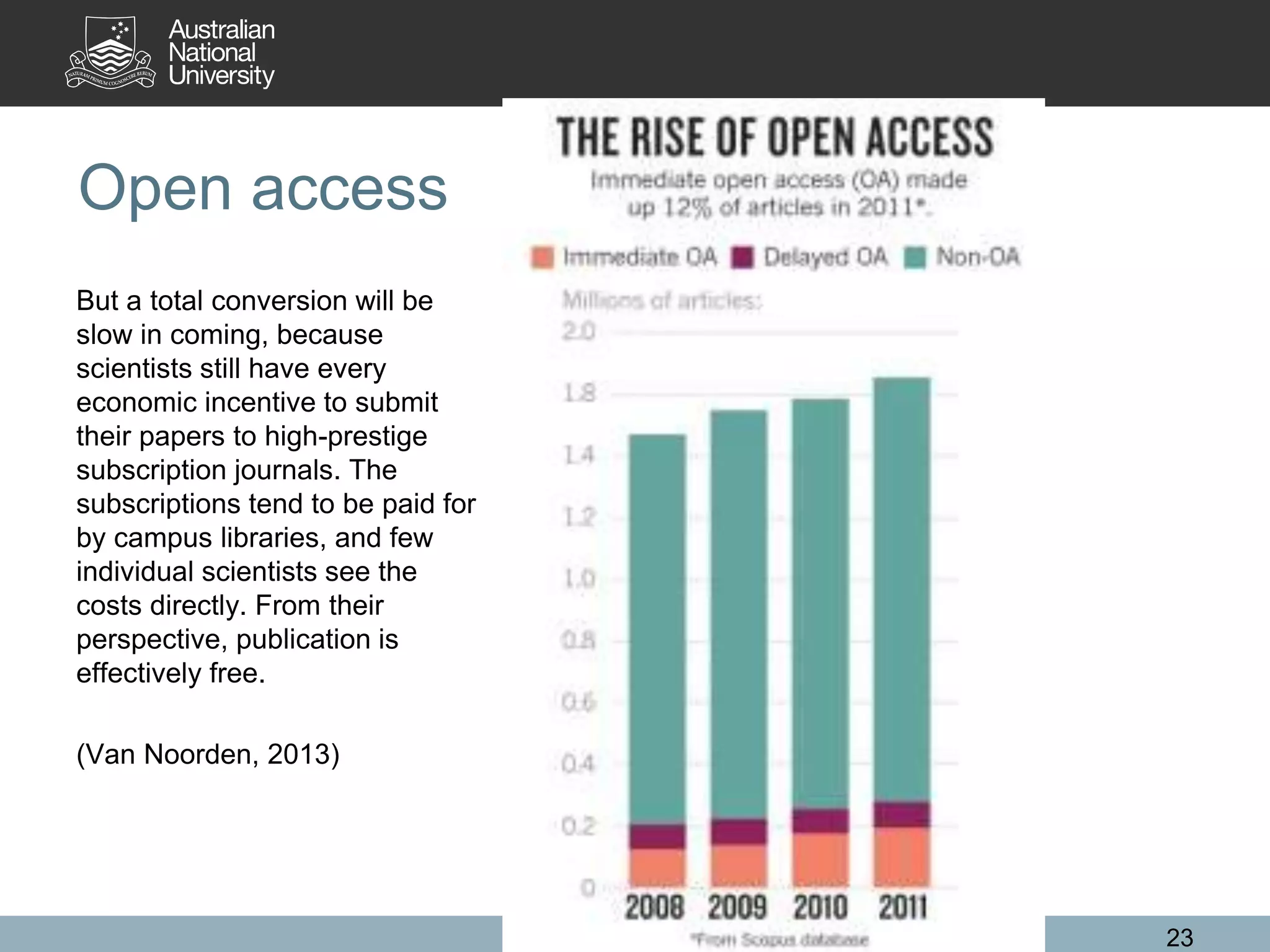Open access
But a total conversion will be
slow in coming, because
scientists still have every
economic incentive to submit
their papers to high-prestige
subscription journals. The
subscriptions tend to be paid for
by campus libraries, and few
individual scientists see the
costs directly. From their
perspective, publication is
effectively free.
(Van Noorden, 2013)
23
 