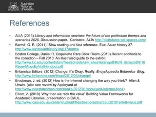 References
• ALIA (2013) Library and information services: the future of the profession themes and
scenarios 2025, Discussion paper. Canberra: ALIA http://aliafutures.wikispaces.com/
• Barmé, G. R. (2011) “Slow reading and fast reference, East Asian history 37.
http://www.eastasianhistory.org/37/barme
• Boston College, Daniel R. Coquillette Rare Book Room (2010) Recent additions to
the collection – Fall 2010: An illustrated guide to the exhibit.
http://www.bc.edu/content/dam/files/schools/law_sites/library/pdf/RBR_items/pdf/F10
RecentAcqsExhibitHandout.pdf
• Britannica Editors (2012) Change: It’s Okay. Really. Encyclopaedia Britannica Blog.
http://www.britannica.com/blogs/2012/03/change/
• Brockman, J. ed. (2012) How is the Internet changing the way you think? Allen &
Unwin. (also see review by Appleyard at
http://www.newstatesman.com/books/2012/01/appleyard-internet-book)
• Elliott, V. (2010) ‘Why then we rack the value’ Building Value Frameworks for
Academic Libraries, presentation to CAUL.
http://www.caul.edu.au/content/upload/files/best-practice/caul20101elliott-value.pdf
 