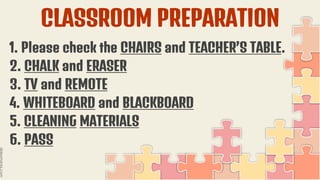 CLASSROOM PREPARATION
1. Please check the CHAIRS and TEACHER’S TABLE.
2. CHALK and ERASER
3. TV and REMOTE
4. WHITEBOARD and BLACKBOARD
5. CLEANING MATERIALS
6. PASS
 