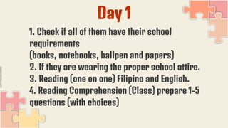 Day 1
1. Check if all of them have their school
requirements
(books, notebooks, ballpen and papers)
2. If they are wearing the proper school attire.
3. Reading (one on one) Filipino and English.
4. Reading Comprehension (Class) prepare 1-5
questions (with choices)
 