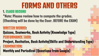 FORMS AND OTHERS
1. CLASS RECORD
*Note: Please review how to compute the grades.
(Checking will be done by the Coor. BEFORE the EXAM)
WRITTEN WORKS:
Quizzes, Seatworks, Book Activity (Knowledge Type)
PERFORMANCE TASK:
Project, Recitation, Book Activity(Skills and Understanding Type)
EXAMINATION:
Monthly and Periodical (Questions from Google)
 