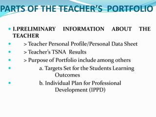 PARTS OF THE TEACHER’S  PORTFOLIOI.PRELIMINARY INFORMATION ABOUT THE TEACHER> Teacher Personal Profile/Personal Data Sheet	> Teacher’s TSNA  Results	> Purpose of Portfolio include among others 	 	a. Targets Set for the Students Learning 				Outcomes		b. Individual Plan for Professional 					Development (IPPD)