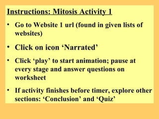 Instructions: Mitosis Activity 1 Go to Website 1 url (found in given lists of websites) Click on icon ‘Narrated’ Click ‘play’ to start animation; pause at every stage and answer questions on worksheet If activity finishes before timer, explore other sections: ‘Conclusion’ and ‘Quiz’ 