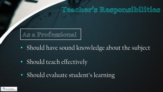 • Should have sound knowledge about the subject
• Should teach effectively
• Should evaluate student’s learning
As a Professional
Teacher’s Responsibilities
 