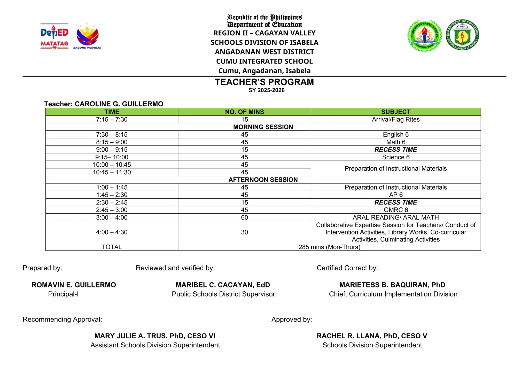 TEACHER's PROGRAM school year 2025-2026 with time and aral program | DOCX