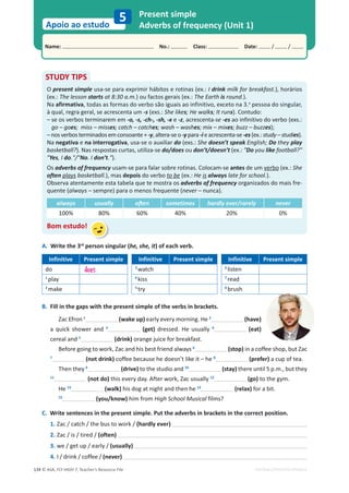 © ASA, FLY HIGH 7, Teacher’s Resource File
134
Name: പNo.: പClass: പDate: / /
Apoio ao estudo
EDITABLE/PHOTOCOPIABLE
Present simple
Adverbs of frequency (Unit 1)
5
STUDY TIPS
O present simple usa-se para exprimir hábitos e rotinas (ex.: I drink milk for breakfast.), horários
(ex.: The lesson starts at 8:30 a.m.) ou factos gerais (ex.: The Earth is round.).
Na afirmativa, todas as formas do verbo são iguais ao infinitivo, exceto na 3.a
pessoa do singular,
à qual, regra geral, se acrescenta um -s (exs.: She likes; He walks; It runs). Contudo:
– se os verbos terminarem em -o, -s, -ch-, -sh, -x e -z, acrescenta-se -es ao infinitivo do verbo (exs.:
go – goes; miss – misses; catch – catches; wash – washes; mix – mixes; buzz – buzzes);
–nosverbosterminadosemconsoante+ -y,altera-seo-y para-ieacrescenta-se-es(ex.:study–studies).
Na negativa e na interrogativa, usa-se o auxiliar do (exs.: She doesn’t speak English; Do they play
basketball?). Nas respostas curtas, utiliza-se do/does ou don’t/doesn’t (ex.: Do you like football?
Yes, I do./No. I don’t.).
Os adverbs of frequency usam-se para falar sobre rotinas. Colocam-se antes de um verbo (ex.: She
often plays basketball.), mas depois do verbo to be (ex.: He is always late for school.).
Observa atentamente esta tabela que te mostra os adverbs of frequency organizados do mais fre-
quente (always – sempre) para o menos frequente (never – nunca).
always usually ŽŌĞŶ sometimes hardly ever/rarely never
100% 80% 60% 40% 20% 0%
Bom estudo!
B. Fill in the gaps with the present simple of the verbs in brackets.
Zac Efron 1
(wake up) early every morning. He 2
(have)
a quick shower and 3
(get) dressed. He usually 4
(eat)
cereal and 5
(drink) orange juice for breakfast.
Before going to work, Zac and his best friend always 6
(stop) in a coffee shop, but Zac
7
(not drink) coffee because he doesn’t like it – he 8
(prefer) a cup of tea.
Then they 9
(drive) to the studio and 10
(stay) there until 5 p.m., but they
11
(not do) this every day. After work, Zac usually 12
(go) to the gym.
He 13
(walk) his dog at night and then he 14
(relax) for a bit.
15
(you/know) him from High School Musical films?
C. Write sentences in the present simple. Put the adverbs in brackets in the correct position.
1. Zac / catch / the bus to work / (hardly ever)
2. Zac / is / tired / (often)
3. we / get up / early / (usually)
4. I / drink / coffee / (never)
Infinitive Present simple
do does
1
play
2
make
Infinitive Present simple
3
watch
4
kiss
5
try
Infinitive Present simple
6
listen
7
read
8
brush
A. Write the 3rd
person singular (he, she, it) of each verb.
 