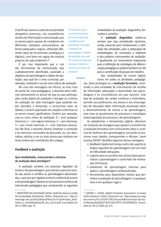© ASA, FLY HIGH 7, Teacher’s Resource File 23
KƉĞƌĮůĚŽƐĂůƵŶŽƐăƐĂşĚĂĚĂĞƐĐŽůĂƌŝĚĂĚĞ
ŽďƌŝŐĂƚſƌŝĂ ƉƌĞĐŽŶŝǌĂ͕ ŶĂƐ ĐŽŵƉĞƚġŶĐŝĂƐ
ĚĂĄƌĞĂĚĞ/ŶĨŽƌŵĂĕĆŽĞĐŽŵƵŶŝĐĂĕĆŽ͕ƋƵĞ
ŽƐĂůƵŶŽƐƐĞũĂŵĐĂƉĂǌĞƐĚĞͨĐŽůĂďŽƌĂƌĞŵ
ĚŝĨĞƌĞŶƚĞƐ ĐŽŶƚĞǆƚŽƐ ĐŽŵƵŶŝĐĂƟǀŽƐ͕ ĚĞ
ĨŽƌŵĂĂĚĞƋƵĂĚĂĞƐĞŐƵƌĂ͕ƵƟůŝǌĂŶĚŽĚŝĨĞ-
ƌĞŶƚĞƐƟƉŽƐĚĞĨĞƌƌĂŵĞŶƚĂƐ;ĂŶĂůſŐŝĐĂƐĞ
ĚŝŐŝƚĂŝƐͿ͕ĐŽŵďĂƐĞŶĂƐƌĞŐƌĂƐĚĞĐŽŶĚƵƚĂ
ƉƌſƉƌŝĂƐĚĞĐĂĚĂĂŵďŝĞŶƚĞͩ͘ϴ
É por isso importante que o uso
das ferramentas de comunicação seja
cuidadosamente planificado͕ ĂƐƐŽĐŝĂĚŽ Ă
ŽďũĞƟǀŽƐĚĞĂƉƌĞŶĚŝǌĂŐĞŵĞŽďũĞƚŽĚĞĂǀĂ-
ůŝĂĕĆŽ͕ƐĞũĂƋƵĂůĨŽƌĂĄƌĞĂĐƵƌƌŝĐƵůĂƌ͕ƉŽƌ
ĞǆĞŵƉůŽ͕ŵĞĚŝĂŶƚĞŽƵƐŽĚĞƵŵĂƌƵďƌŝĐĂĚĞĂǀĂůŝĂĕĆŽ͘
EŽĐĂƐŽĚĂƐŵĞŶƐĂŐĞŶƐĞŵĨſƌƵŶƐ͕ĂƐŵĂŝƐƌŝĐĂƐ
ĚŽƉŽŶƚŽĚĞǀŝƐƚĂƉĞĚĂŐſŐŝĐŽ͕ŽĚŽĐĞŶƚĞĚĞǀĞŝŶĨŽƌ-
ŵĂƌƉƌĞǀŝĂŵĞŶƚĞŽƐĂůƵŶŽƐĚĞƋƵĞĂƐƐƵĂƐƉĂƌƟĐŝƉĂ-
ções serão objeto de avaliação e divulgar os critérios
ĚĞ ĂǀĂůŝĂĕĆŽ ĚĞ ĐĂĚĂ ŵĞŶƐĂŐĞŵ ;ƋƵĞ ƉŽĚĞƌĆŽ ƐĞƌ͕
ƉŽƌ ĞǆĞŵƉůŽ͕ Ă ĚŝŵĞŶƐĆŽ͕ Ž ĂĐƌĞƐĐĞŶƚĂƌ ǀĂůŽƌ ĂŽ
ĚĞďĂƚĞ͕ĞƐĞƌĞŵƐƵƉŽƌƚĂĚĂƐĞŵĐŝƚĂĕƁĞƐĐƌŝƚĞƌŝŽƐĂƐĞͬ
ŽƵƚĞƌĞŵĂŶĞǆŽƐƐŝŐŶŝĮĐĂƟǀŽƐ͘WŽĚĞŵ͕ƉŽƌĞǆĞŵƉůŽ͕
ƵƐĂƌͲƐĞĐŝŶĐŽŶşǀĞŝƐĚĞĂǀĂůŝĂĕĆŽ͗ϬʹƐĞŵƋƵĂůƋƵĞƌ
ŝŶƚĞƌĞƐƐĞ͖ϭʹĐŽŵĂůŐƵŵŝŶƚĞƌĞƐƐĞ͖ϮʹĐŽŵŝŶƚĞƌĞƐƐĞ͖
ϯʹĐŽŵŵƵŝƚŽŝŶƚĞƌĞƐƐĞ͖ϰʹĐŽŵŝŶƚĞƌĞƐƐĞĞǆĐĞĐŝŽ-
ŶĂů͘EŽĮŶĂů͕ŽĚŽĐĞŶƚĞĚĞǀĞƌĄƐŝŶƚĞƟǌĂƌŽĐŽŶƚĞƷĚŽ
ĞĂƐĞǀĞŶƚƵĂŝƐĐŽŶĐůƵƐƁĞƐĚĂĚŝƐĐƵƐƐĆŽ͕ŽƵ͕ĞŵĂůƚĞƌ-
ŶĂƟǀĂ͕ƐŽůŝĐŝƚĂƌĂƵŵŽƵŵĂŝƐĂůƵŶŽƐƋƵĞƌĞĂůŝǌĞŵƵŵ
ƚĞǆƚŽƐşŶƚĞƐĞĚŽƐĐŽŶƚƌŝďƵƚŽƐĚŽƐĐŽůĞŐĂƐ͘
FeedbackĞĂǀĂůŝĂĕĆŽ
YƵĞŵŽĚĂůŝĚĂĚĞƐ͕ŝŶƐƚƌƵŵĞŶƚŽƐĞƚĠĐŶŝĐĂƐ
ĚĞĂǀĂůŝĂĕĆŽĚĞǀŽƉƌŝǀŝůĞŐŝĂƌ͍
 ĂǀĂůŝĂĕĆŽ ĐŽŶƐƟƚƵŝ Ƶŵ ƉƌŽĐĞƐƐŽ ƌĞŐƵůĂĚŽƌ ĚŽ
ĞŶƐŝŶŽĞĚĂĂƉƌĞŶĚŝǌĂŐĞŵ͕ƋƵĞŽƌŝĞŶƚĂŽƉĞƌĐƵƌƐŽĞƐĐŽ-
ůĂƌĚŽƐĂůƵŶŽƐĞĐĞƌƟĮĐĂĂƐĂƉƌĞŶĚŝǌĂŐĞŶƐĚĞƐĞŶǀŽůǀŝ-
ĚĂƐ͕ĞƋƵĞƚĞŵƉŽƌŽďũĞƟǀŽĐĞŶƚƌĂůĂŵĞůŚŽƌŝĂĚŽĞŶƐŝŶŽ
ĞĚĂĂƉƌĞŶĚŝǌĂŐĞŵ͘ĂƐĞŝĂͲƐĞŶƵŵƉƌŽĐĞƐƐŽĐŽŶơŶƵŽĚĞ
ŝŶƚĞƌǀĞŶĕĆŽƉĞĚĂŐſŐŝĐĂƋƵĞĐŽŵƉƌĞĞŶĚĞĂƐƐĞŐƵŝŶƚĞƐ
ϴ
D/E/^dZ/KhK;ϮϬϭϲͿ͘WĞƌĮůĚŽƐůƵŶŽƐă^ĂşĚĂ
da Escolaridade Obrigatória. Online͘ŝƐƉŽŶşǀĞůĞŵ͗ŚƩƉƐ͗ͬͬ
ǁǁǁ͘ĚŐĞ͘ŵĞĐ͘ƉƚͬƐŝƚĞƐͬĚĞĨĂƵůƚͬĮůĞƐͬƵƌƌŝĐƵůŽͬWƌŽũĞƚŽͺƵƚŽ-
ŶŽŵŝĂͺĞͺůĞǆŝďŝůŝĚĂĚĞͬƉĞƌĮůͺĚŽƐͺĂůƵŶŽƐ͘ƉĚĨ. Consultado em
ϯϬͲϭϭͲϮϬϮϬ͕ƉĄŐ͘ϮϮ͘
ŵŽĚĂůŝĚĂĚĞƐĚĞĂǀĂůŝĂĕĆŽ͗ĚŝĂŐŶſƐƟĐĂ͕ĨŽƌ-
ŵĂƟǀĂĞƐƵŵĂƟǀĂ͘
A ĂǀĂůŝĂĕĆŽ ĚŝĂŐŶſƐƟĐĂ realiza-se
ƐĞŵƉƌĞ ƋƵĞ ƐĞũĂ ĐŽŶƐŝĚĞƌĂĚŽ ŽƉŽƌƚƵŶŽ͕
ƐĞŶĚŽĞƐƐĞŶĐŝĂůƉĂƌĂĨƵŶĚĂŵĞŶƚĂƌĂĚĞĮ-
ŶŝĕĆŽĚĂƐĂƟǀŝĚĂĚĞƐ͕ƉĂƌĂĂĂĚĞƋƵĂĕĆŽĚĞ
ŵĞƚŽĚŽůŽŐŝĂƐ͕ ĚĞ ĐŽŶƚĞƷĚŽƐ Ğ ŽďũĞƟǀŽƐ
ĞĚŽƐƉƌſƉƌŝŽƐŝŶƐƚƌƵŵĞŶƚŽƐĚĞĂǀĂůŝĂĕĆŽ͘
É igualmente um instrumento importante
ƉĂƌĂĂĚĞĮŶŝĕĆŽĚĞĞƐƚƌĂƚĠŐŝĂƐĚĞĚŝĨĞƌĞŶ-
ĐŝĂĕĆŽƉĞĚĂŐſŐŝĐĂĞƉŽĚĞƌĄƚĂŵďĠŵƐĞƌƷƟů
ƉĂƌĂĂĐŽŶƐƟƚƵŝĕĆŽĚĞŐƌƵƉŽƐĚĞƚƌĂďĂůŚŽ͘
EĂƐ ŵŽĚĂůŝĚĂĚĞƐ ĚĞ ĞŶƐŝŶŽ ĚŝŐŝƚĂů͕
ĐŽŵŽ Ğŵ ƚŽĚĂƐ ĂƐ ĂƟǀŝĚĂĚĞƐ ƉĞĚĂŐſŐŝ-
ĐĂƐ͕ĚĞǀĞƉƌŝǀŝůĞŐŝĂƌͲƐĞĂĂǀĂůŝĂĕĆŽĨŽƌŵĂƟǀĂ͕ƌĞĐŽƌ-
ƌĞŶĚŽĂƵŵĂǀĂƌŝĞĚĂĚĞĚĞŝŶƐƚƌƵŵĞŶƚŽƐĚĞƌĞĐŽůŚĂ
ĚĞŝŶĨŽƌŵĂĕĆŽĂĚĞƋƵĂĚŽƐăĚŝǀĞƌƐŝĚĂĚĞĚĂƐĂƉƌĞŶ-
ĚŝǌĂŐĞŶƐ Ğ ăƐ ĐŝƌĐƵŶƐƚąŶĐŝĂƐ Ğŵ ƋƵĞ ŽĐŽƌƌĞŵ͘ ƐƚĞ
ƟƉŽĚĞĂǀĂůŝĂĕĆŽ͕ĚĞĐĂƌĄƚĞƌĐŽŶơŶƵŽĞƐŝƐƚĞŵĄƟĐŽ͕
ƉĞƌŵŝƚĞĂŽƐƉƌŽĨĞƐƐŽƌĞƐ͕ĂŽƐĂůƵŶŽƐĞĂŽƐĞŶĐĂƌƌĞŐĂ-
dos de educação obter informação atualizada sobre
Ž ĚĞƐĞŶǀŽůǀŝŵĞŶƚŽ ĚŽ ĞŶƐŝŶŽ Ğ ĚĂ ĂƉƌĞŶĚŝǌĂŐĞŵ͕
com vista ao ajustamento de processos e estratégias
(autorregulação do processo e da aprendizagem).
As plataformas e ferramentas digitais oferecem
um conjunto de vantagens que ajudam a transformar
ĂĂǀĂůŝĂĕĆŽĨŽƌŵĂƟǀĂŶƵŵŝŶƐƚƌƵŵĞŶƚŽĂƟǀŽĞĐŽŶơ-
ŶƵŽĚĞŵĞůŚŽƌŝĂĚĂƐĂƉƌĞŶĚŝǌĂŐĞŶƐ͕ƚŽƌŶĂŶĚŽŽƐƉƌŽ-
ĐĞƐƐŽƐŵĂŝƐƌĄƉŝĚŽƐ͕ƚƌĂŶƐƉĂƌĞŶƚĞƐĞĞĮĐĂǌĞƐ͘:ĂŶĞƚ
ŽŽŶĞǇ;ϮϬϭϵͿϵ
ŝĚĞŶƟĮĐĂĂůŐƵŵĂƐĚĞƐƐĂƐǀĂŶƚĂŐĞŶƐ͗
ͻ
feedback rápido (em tempo real) e ĚĞƐƵƉŽƌƚĞăƐ
ĞƚĂƉĂƐƐĞŐƵŝŶƚĞƐĚĞĂƉƌĞŶĚŝǌĂŐĞŵĐŽŵƵŵŶşǀĞů
ĚĞĚŝĮĐƵůĚĂĚĞĂĚĞƋƵĂĚŽ͖
ͻ
ƐƵƉŽƌƚĞƉĂƌĂĂƐĞƐĐŽůŚĂƐĚŽƐĂůƵŶŽƐ;ƉĂƌĂƉĞƌƐŽ-
ŶĂůŝǌĂƌĂĂƉƌĞŶĚŝǌĂŐĞŵĞĐŽŵŽĨĂƚŽƌĚĞŵŽƟǀĂ-
ĕĆŽŝŶƚƌşŶƐĞĐĂͿ͖
ͻ
ĂŵďŝĞŶƚĞƐ ĚĞ ĂƉƌĞŶĚŝǌĂŐĞŵ ŝŵĞƌƐŝǀĂ ƉĂƌĂ
ĂƉŽŝĂƌĂĂƉƌĞŶĚŝǌĂŐĞŵĐŽŶƚĞǆƚƵĂůŝǌĂĚĂ͖
ͻ
ĨĞƌƌĂŵĞŶƚĂƐƉĂƌĂĚŝƐƉŽƐŝƟǀŽƐŵſǀĞŝƐƋƵĞƉĞƌ-
mitem a avaliação da aprendizagem ͨa qualquer
ŚŽƌĂĞĞŵƋƵĂůƋƵĞƌůƵŐĂƌ͖ͩ
ϵ
KKEz͕:͘;ϮϬϭϵͿ͘ŝŐŝƚĂůŽƌŵĂƟǀĞƐƐĞƐƐŵĞŶƚ͗ƌĞǀŝĞǁ
ŽĨƚŚĞůŝƚĞƌĂƚƵƌĞ͘KŶůŝŶĞ͘ŝƐƉŽŶşǀĞůĞŵ͗ŚƩƉ͗ͬͬǁǁǁ͘ĞƵŶ͘ŽƌŐͬ
ĚŽĐƵŵĞŶƚƐͬϰϭϭϳϱϯͬϴϭϳϯϰϭͬƐƐĞƐƐйϰϬĞĂƌŶŝŶŐнŝƚĞƌĂƚƵ-
ƌĞнZĞǀŝĞǁͬďĞϬϮĚϱϮϳͲϴĐϮĨͲϰϱĞϯͲϵĨϳϱͲϮĐϱĐĚϱϵϲϮϲϭĚ͘ŽŶƐƵů-
ƚĂĚŽĞŵϯϬͲϭϭͲϮϬϮϬ͕ƉƉ͘ϴͲϵ͘
É importante que o
uso das ferramentas
de comunicação seja
cuidadosamente
ƉůĂŶŝĮĐĂĚŽ͕ĂƐƐŽĐŝĂĚŽ
ĂŽďũĞƟǀŽƐĚĞ
aprendizagem e objeto
ĚĞĂǀĂůŝĂĕĆŽ͕ƐĞũĂƋƵĂů
ĨŽƌĂĄƌĞĂĐƵƌƌŝĐƵůĂƌ͕ƉŽƌ
ĞǆĞŵƉůŽ͕ŵĞĚŝĂŶƚĞŽ
uso de uma rubrica de
avaliação.
 