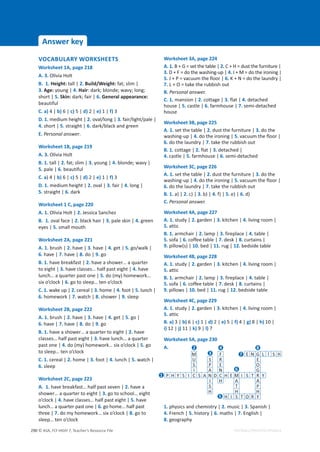 © ASA, FLY HIGH 7, Teacher’s Resource File
290
Answer key
EDITABLE/PHOTOCOPIABLE
VOCABULARY WORKSHEETS
Worksheet 1A, page 218
A. 3. Olivia Holt
B. 1. Height: tall | 2. Build/Weight: fat; slim |
3. Age: young | 4. Hair: dark; blonde; wavy; long;
short | 5. Skin: dark; fair | 6. General appearance:
beautiful
C. a) 4 | b) 6 | c) 5 | d) 2 | e) 1 | f) 3
D. 1. medium height | 2. oval/long | 3. fair/light/pale |
4. short | 5. straight | 6. dark/black and green
E. Personal answer.
Worksheet 1B, page 219
A. 3. Olivia Holt
B. 1. tall | 2. fat; slim | 3. young | 4. blonde; wavy |
5. pale | 6. beautiful
C. a) 4 | b) 6 | c) 5 | d) 2 | e) 1 | f) 3
D. 1. medium height | 2. oval | 3. fair | 4. long |
5. straight | 6. dark
Worksheet 1 C, page 220
A. 1. Olivia Holt | 2. Jessica Sanchez
B. 1. oval face | 2. black hair | 3. pale skin | 4. green
eyes | 5. small mouth
Worksheet 2A, page 221
A. 1. brush | 2. have | 3. have | 4. get | 5. go/walk |
6. have | 7. have | 8. do | 9. go
B. 1. have breakfast | 2. have a shower… a quarter
to eight | 3. have classes… half past eight | 4. have
lunch… a quarter past one | 5. do (my) homework…
six o’clock | 6. go to sleep… ten o’clock
C. 1. wake up | 2. cereal | 3. home | 4. foot | 5. lunch |
6. homework | 7. watch | 8. shower | 9. sleep
Worksheet 2B, page 222
A. 1. brush | 2. have | 3. have | 4. get | 5. go |
6. have | 7. have | 8. do | 9. go
B. 1. have a shower… a quarter to eight | 2. have
classes… half past eight | 3. have lunch… a quarter
past one | 4. do (my) homework… six o’clock | 5. go
to sleep… ten o’clock
C. 1. cereal | 2. home | 3. foot | 4. lunch | 5. watch |
6. sleep
Worksheet 2C, page 223
A. 1. have breakfast… half past seven | 2. have a
shower… a quarter to eight | 3. go to school… eight
o’clock | 4. have classes… half past eight | 5. have
lunch… a quarter past one | 6. go home… half past
three | 7. do my homework… six o’clock | 8. go to
sleep… ten o’clock
Worksheet 3A, page 224
A. 1. B + G = set the table | 2. C + H = dust the furniture |
3. D + F = do the washing-up | 4. I + M = do the ironing |
5. J + P = vacuum the floor | 6. K + N = do the laundry |
7. L + O = take the rubbish out
B. Personal answer.
C. 1. mansion | 2. cottage | 3. flat | 4. detached
house | 5. castle | 6. farmhouse | 7. semi-detached
house
Worksheet 3B, page 225
A. 1. set the table | 2. dust the furniture | 3. do the
washing-up | 4. do the ironing | 5. vacuum the floor |
6. do the laundry | 7. take the rubbish out
B. 1. cottage | 2. flat | 3. detached |
4. castle | 5. farmhouse | 6. semi-detached
Worksheet 3C, page 226
A. 1. set the table | 2. dust the furniture | 3. do the
washing-up | 4. do the ironing | 5. vacuum the floor |
6. do the laundry | 7. take the rubbish out
B. 1. a) | 2. c) | 3. b) | 4. f) | 5. e) | 6. d)
C. Personal answer.
Worksheet 4A, page 227
A. 1. study | 2. garden | 3. kitchen | 4. living room |
5. attic
B. 1. armchair | 2. lamp | 3. fireplace | 4. table |
5. sofa | 6. coffee table | 7. desk | 8. curtains |
9. pillow(s) | 10. bed | 11. rug | 12. bedside table
Worksheet 4B, page 228
A. 1. study | 2. garden | 3. kitchen | 4. living room |
5. attic
B. 1. armchair | 2. lamp | 3. fireplace | 4. table |
5. sofa | 6. coffee table | 7. desk | 8. curtains |
9. pillows | 10. bed | 11. rug | 12. bedside table
Worksheet 4C, page 229
A. 1. study | 2. garden | 3. kitchen | 4. living room |
5. attic
B. a) 3 | b) 6 | c) 1 | d) 2 | e) 5 | f) 4 | g) 8 | h) 10 |
i) 12 | j) 11 | k) 9 | l) 7
Worksheet 5A, page 230
A.
1. physics and chemistry | 2. music | 3. Spanish |
4. French | 5. history | 6. maths | 7. English |
8. geography
M F E N G L I S H
U S R E
S P E O
I A N G
P H Y S I C S A N D C H E M I S T R Y
I H A A
S T P
H H H
H I S T O R Y
2
1
4
3 7
6
5
8
 