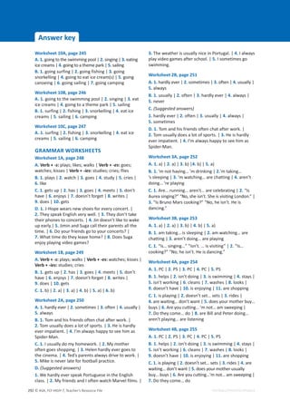 © ASA, FLY HIGH 7, Teacher’s Resource File
292
Answer key
EDITABLE/PHOTOCOPIABLE
Worksheet 10A, page 245
A. 1. going to the swimming pool | 2. singing | 3. eating
ice creams | 4. going to a theme park | 5. sailing
B. 1. going surfing | 2. going fishing | 3. going
snorkelling | 4. going to eat ice cream(s) | 5. going
canoeing | 6. going sailing | 7. going camping
Worksheet 10B, page 246
A. 1. going to the swimming pool | 2. singing | 3. eat
ice creams | 4. going to a theme park | 5. sailing
B. 1. surfing | 2. fishing | 3. snorkelling | 4. eat ice
creams | 5. sailing | 6. camping
Worksheet 10C, page 247
A. 1. surfing | 2. fishing | 3. snorkelling | 4. eat ice
creams | 5. sailing | 6. camping
GRAMMAR WORKSHEETS
Worksheet 1A, page 248
A. Verb + -s: plays; likes; walks | Verb + -es: goes;
watches; kisses | Verb + -ies: studies; cries; flies
B. 1. plays | 2. watch | 3. goes | 4. study | 5. cries |
6. like
C. 1. gets up | 2. has | 3. goes | 4. meets | 5. don’t
have | 6. enjoys | 7. doesn’t forget | 8. writes |
9. does | 10. gets
D. 1. J-Hope wears new shoes for every concert. |
2. They speak English very well. | 3. They don’t take
their phones to concerts. | 4. Jin doesn’t like to wake
up early.| 5. Jimin and Suga call their parents all the
time. | 6. Do your friends go to your concerts? |
7. What time do they leave home? | 8. Does Suga
enjoy playing video games?
Worksheet 1B, page 249
A. Verb + -s: plays; walks | Verb + -es: watches; kisses |
Verb + -ies: studies; cries
B. 1. gets up | 2. has | 3. goes | 4. meets | 5. don’t
have | 6. enjoys | 7. doesn’t forget | 8. writes |
9. does | 10. gets
C. 1. b) | 2. a) | 3. a) | 4. b) | 5. a) | 6. b)
Worksheet 2A, page 250
A. 1. hardly ever | 2. sometimes | 3. often | 4. usually |
5. always
B. 1. Tom and his friends often chat after work. |
2. Tom usually does a lot of sports. | 3. He is hardly
ever impatient. | 4. I’m always happy to see him as
Spider-Man.
C. 1. I usually do my homework. | 2. My mother
often goes shopping. | 3. Helen hardly ever goes to
the cinema. | 4. Ted’s parents always drive to work. |
5. Mike is never late for football practice.
D. (Suggested answers)
1. We hardly ever speak Portuguese in the English
class. | 2. My friends and I often watch Marvel films. |
3. The weather is usually nice in Portugal. | 4. I always
play video games after school. | 5. I sometimes go
swimming.
Worksheet 2B, page 251
A. 1. hardly ever | 2. sometimes | 3. often | 4. usually |
5. always
B. 1. usually | 2. often | 3. hardly ever | 4. always |
5. never
C. (Suggested answers)
1. hardly ever | 2. often | 3. usually | 4. always |
5. sometimes
D. 1. Tom and his friends often chat after work. |
2. Tom usually does a lot of sports. | 3. He is hardly
ever impatient. | 4. I’m always happy to see him as
Spider-Man.
Worksheet 3A, page 252
A. 1. a) | 2. a) | 3. b) |4. b) | 5. a)
B. 1. ’m not having… ’m drinking | 2.’m taking…
’s sleeping | 3. ’m watching… are chatting | 4. aren’t
doing… ’re playing
C. 1. Are… running… aren’t… are celebrating | 2. “Is
Aurea singing?” “No, she isn’t. She is visiting London.” |
3. “Is Bruno Mars cooking?” “No, he isn’t. He is
dancing.”
Worksheet 3B, page 253
A. 1. a) | 2. a) | 3. b) | 4. b) | 5. a)
B. 1. am taking… is sleeping | 2. am watching… are
chatting | 3. aren’t doing… are playing
C. 1. “Is… singing…” “isn’t. … is visiting” | 2. “Is…
cooking?” “No, he isn’t. He is dancing.”
Worksheet 4A, page 254
A. 1. PC | 2. PS | 3. PC | 4. PC | 5. PS
B. 1. helps | 2. isn’t doing | 3. is swimming | 4. stays |
5. isn’t working | 6. cleans | 7. washes | 8. looks |
9. doesn’t have | 10. is enjoying | 11. are shopping
C. 1. is playing | 2. doesn’t set… sets | 3. rides |
4. are waiting… don’t want | 5. does your mother buy…
buys | 6. Are you cutting… ’m not… am sweeping |
7. Do they come… do | 8. are Bill and Peter doing…
aren’t playing… are listening
Worksheet 4B, page 255
A. 1. PC | 2. PS | 3. PC | 4. PC | 5. PS
B. 1. helps | 2. isn’t doing | 3. is swimming | 4. stays |
5. isn’t working | 6. cleans | 7. washes | 8. looks |
9. doesn’t have | 10. is enjoying | 11. are shopping
C. 1. is playing | 2. doesn’t set… sets | 3. rides | 4. are
waiting… don’t want | 5. does your mother usually
buy… buys | 6. Are you cutting…’m not… am sweeping |
7. Do they come… do
 