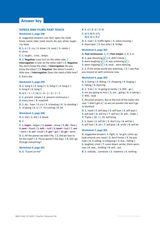 © ASA, FLY HIGH 7, Teacher’s Resource File
316 EDITABLE/PHOTOCOPIABLE
Answer key
SONGS AND FILMS THAT TEACH
Worksheet 1, page 298
A. Suggested answers: can; feel; open; be; hold;
know; come; take; need; touch; do; put; shine; laugh;
cry; keep
B. 1. is | 2. cry | 3. know | 4. need | 5. needs |
6. shine
C. 1. laughs… cries… keeps
D. 1. Negative: Love isn’t on the other side. /
Interrogative: Is love on the other side? | 2. Negative:
You don’t know the vibes. / Interrogative: Do you
know the vibes? | 3. Negative: She doesn’t need a
little love. / Interrogative: Does she need a little love?
E. Every day
Worksheet 2, page 299
A. 1. Song 4 | 2. Song 2 | 3. Song 5 | 4. Song 1 |
5. Song 6 | 6. Song 3
B. a) 3 – 1 – 2 | b) 3 – 4 – 2 – 6 – 1 – 5
C. 1. present simple | 2. present continuous |
3. every time | 4. now/still
D. 1. do… have | 2. cry | 3. is beating | 4. ’m standing |
5. ’m going | 6. is | 7. ’m running | 8. hit
Worksheet 3, page 300
A. 1. Did | 2. did | 3. break
B. 2
C. 1. begin – began | 2. knows – knew | 3. fly – flew |
4. love – loved | 5. tells – told | 6. have – had | 7. are
– were | 8. can –could | 9. get – got | 10. go – went
D. 1. All the planes we didn’t fly. | 2. Did we love to
hit the road? | 3. Those weren’t the days. | 4. Did I go
through everything?
Worksheet 4, page 301
A. 2. “Count on me”
B. 1. c) | 2. a) | 3. b)
C. a) 3; b) 4; c) 5;
d) 6; e) 1; f) 2
D. 1. road | 2. traffic lights | 3. zebra crossing |
4. skyscraper | 5. bus stop | 6. bridge
Worksheet 5, page 302
A. Past continuous: 2; 3 | Past simple: 1; 4; 5; 6
B. 1. was dreaming  | 2. didn’t know |
3. were laughing  | 4. was scheming  |
5. were clapping  | 6. took… were dancing
C. 1. If the whole world was watching. | 2. I saw that
you moved on with someone new.
Worksheet 6, page 303
A. 1. Eating | 2. Riding | 3. shopping | 4. Singing |
5. Taking | 6. Dancing
B. 1. ’ll be | 2. ’m going to tackle | 3. Will… go |
4. are you going to miss | 5. are… going | 6. is taking |
7. Will… look
C. Personal answers. But at the end of the trailer she
says “I didn’t get in”, so we can predict she won’t go
to Stanford.
D. 1. need | 2. will step | 3. will love | 4. will wait |
5. will wait | 6. will try | 7. will try | 8. will… make |
9. ’ll give | 10. ’s | 11. will bring
E. 1. leave | 2. will be | 3. don’t cry | 4. will be |
5. will love | 6. let | 7. will give | 8. smile | 9. will be
Worksheet 7, page 305
A. Suggested answers: 1. fight; is; ’ve got; come up;
look around; are; need | 2. don’t know | 3. Do you
hate | 4. ‘s calling; is collapsing | 5. Are… falling |
6. laughed; cried | 7. came down; wrote; there were;
saw | 8. was… holding | 9. will… put
B. 1. nobody… someone | 2. nowhere | 3. nothing
 