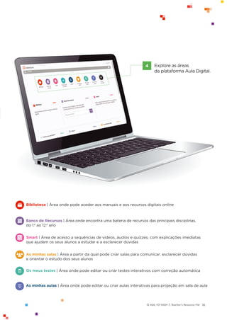 © ASA, FLY HIGH 7, Teacher’s Resource File 31
Explore as áreas
da plataforma Aula Digital.
4
Biblioteca | Área onde pode aceder aos manuais e aos recursos digitais online
Banco de Recursos | Área onde encontra uma bateria de recursos das principais disciplinas,
do 1.o
ao 12.o
ano
Smart | Área de acesso a sequências de vídeos, áudios e quizzes, com explicações imediatas
que ajudam os seus alunos a estudar e a esclarecer dúvidas
Os meus testes | Área onde pode editar ou criar testes interativos com correção automática
As minhas aulas | Área onde pode editar ou criar aulas interativas para projeção em sala de aula
As minhas salas | Área a partir da qual pode criar salas para comunicar, esclarecer dúvidas
e orientar o estudo dos seus alunos
 