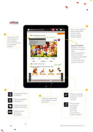 © ASA, FLY HIGH 7, Teacher’s Resource File 35
Navegue pelo índice
do manual.
Marque as páginas
importantes.
Aceda rapidamente
a páginas anotadas.
Navegue pelas
miniaturas
das páginas.
Navegue rapidamente
pelas páginas usando
esta barra.
Escreva e desenhe
no manual, usando
o dedo ou
uma pen.
Recorte texto
ou imagens
do manual
e partilhe
por e-mail
ou envie para
o caderno digital.
Pressione o ecrã
com o dedo ou
com uma pen
e crie notas do que
é importante
lembrar.
Use o menu superior
para navegar pelo
manual, pelos
recursos e pelo
caderno digital.
Recursos digitais
Explore os recursos
digitais em qualquer
lugar.
Na app Aula Digital
pode ver vídeos,
animações, atividades
e muito mais,
sem precisar de ter
acesso a internet.
offline
I
 
