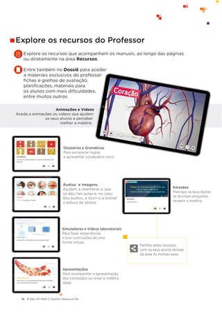 © ASA, FLY HIGH 7, Teacher’s Resource File
36
Explore os recursos do Professor
Glossários e Gramáticas
Para esclarecer regras
e apresentar vocabulário novo.
Áudios e Imagens
Ajudam a relembrar o que
se deu nas aulas e, no caso
dos áudios, a ouvir e a treinar
a leitura de textos.
Simuladores e Vídeos laboratoriais
Para fazer experiências
e tirar conclusões de uma
forma virtual.
Apresentações
Para acompanhar a apresentação
dos conteúdos ou rever a matéria
dada.
Karaokes
Para que os seus alunos
se divirtam enquanto
reveem a matéria.
Animações e Vídeos
Aceda a animações ou vídeos que ajudam
os seus alunos a perceber
melhor a matéria.
Explore os recursos que acompanham os manuais, ao longo das páginas
ou diretamente na área Recursos.
Entre também no Dossiê para aceder
a materiais exclusivos do professor:
ﬁchas e grelhas de avaliação,
planiﬁcações, materiais para
os alunos com mais diﬁculdades,
entre muitos outros.
Partilhe estes recursos
com os seus alunos através
da área As minhas salas.
 
