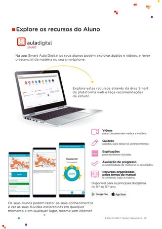 © ASA, FLY HIGH 7, Teacher’s Resource File 39
Os seus alunos podem testar os seus conhecimentos
e ver as suas dúvidas esclarecidas em qualquer
momento e em qualquer lugar, mesmo sem internet.
Explore os recursos do Aluno
Na app Smart Aula Digital os seus alunos podem explorar áudios e vídeos, e rever
o essencial da matéria no seu smartphone.
Vídeos
para compreender melhor a matéria.
Quizzes
rápidos, para testar os conhecimentos.
Explicações
para esclarecer dúvidas.
Avaliação de progresso
e possibilidade de melhorar os resultados.
Recursos organizados
pelos temas do manual
e contendo toda a matéria.
Disponível para as principais disciplinas
do 5.o ao 12.o ano.
Explore estes recursos através da área Smart
da plataforma web e faça recomendações
de estudo.
 