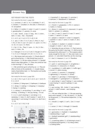 © ASA, FLY HIGH 7, Teacher’s Resource File
436
Answer key
EDITABLE/PHOTOCOPIABLE
GET READY FOR THE TESTS
Get ready for the tests 1, page 318
A. 1. surname | 2. old | 3. ‘m | 4. birthday | 5. on |
6. Canada | 7. Canadian | 8. the USA | 9. American |
10. occupation
B. 1. father | 2. mother | 3. sister | 4. aunt | 5. cousin |
6. grandmother | 7. parents | 8. uncle
C. 1. oval... beard... a cap | 2. long... fair | 3. short...
dark | 4. nose... hair... moustache
D. 1. c) | 2. a) | 3. e) | 4. f) | 5. d) | 6. b)
E. 1. you | 2. she | 3. it | 4. you | 5. they | 6. my |
7. his | 8. her | 9. our | 10. your | 11. yours | 12. his |
13. its | 14. ours | 15. theirs
F. 1. her | 2. his… They | 3. your… it… his | 4. Our…
ours | 5. mine… his
G. 1. have got | 2. is | 3. is | 4. are | 5. has got | 6. isn’t |
7. is | 8. is | 9. have got | 10. am | 11. is | 12. is
H. 1. My classes start very early. | 2. Charlie doesn’t
go to school by bus. | 3. My friends have lunch in
the canteen. | 4. Do you study at home? | 5. Randall
doesn’t play video games. | 6. Does she comb her hair
in the morning? | 7. Yes, she does.
I. 1. We sometimes go to school by car. | 2. They are
often at home at the weekends. | 3. Joseph always
reads a book before bed. | 4. The teachers are hardly
ever late for classes.
Get ready for the tests 2, page 320
A. 1. b) | 2. h) | 3. g) | 4. c)| 5. e) | 6. a) | 7. d) |8. f)
B. 1, 3, 4, 9
C. 1. kitchen | 2. living room | 3. bathroom | 4. bedroom
D. 1. doing | 2. making | 3. shopping | 4. enjoying |
5. having | 6. washing
E. 1. is doing | 2. am brushing | 3. are riding | 4. isn’t
drinking… is drinking | 5. Are you having… I’m not
F. 1. is | 2. aren’t cleaning | 3. are doing | 4. is
sweeping | 5. loves | 6. don’t sweep | 7. wash |8. is
vacuuming | 9. are ironing | 10. water | 11. don’t iron |
12. do
G. 1. c) | 2. a) | 3. b) | 4. b)
H.
5
8
4
7 3 2
1
6
I. 1. bookshelf | 2. skyscraper | 3. armchair |
4. staircase | 5. blackboard | 6. bedroom
Get ready for the tests 3, page 322
A. 1. French | 2. geography | 3. PE | 4. science |
5. maths | 6. history
B. 1. library | 2. stationer’s | 3. classroom | 4. sports
field | 5. canteen | 6. cafeteria
C. 1. was | 2. was | 3. wasn’t | 4. was | 5. were |
6. were | 7. weren’t | 8. were
D. 1. played | 2. danced | 3. cried | 4. stopped |
5. washed | 6. saw | 7. went | 8. made | 9. ate |
10. swam
E. 1. chatted | 2. studied | 3. cooked | 4. drank |
5. bought | 6. took | 7. ate | 8. read
F. 1. Yesterday she was at home. | 2. Paul came to
the party, but he didn’t stay long. | 3. Did he do his
homework this afternoon? | 4. The students didn’t
study enough for the test. | 5. My sister took a nice
picture. | 6. Julie didn’t feed the cat this morning.
G. 1. but | 2. However | 3. or | 4. Therefore
Get ready for the tests 4, page 324
A. 1. park | 2. swimming pool | 3. art galleries |
4. museums | 5. restaurants | 6. theatre
B. 1. roundabout | 2. traffic lights | 3. traffic sign |
4. tunnel | 5. zebra crossing
C. 1. cinema | 2. concerts | 3. shopping |
4. sightseeing | 5. museums | 6. streets
D. 1. baker’s | 2. pet shop | 3. fishmonger’s |
4. newsagent’s | 5. greengrocer’s | 6. butcher’s
E. 1. were doing | 2. wasn’t baking | 3. was cooking |
4. were having | 5. weren’t walking | 6. was
studying
F. 1. was running… fell… broke | 2. was cooking…
arrived | 3. didn’t answer… was studying…
called
G. 1. She was riding her bike. | 2. She was wearing
jeans and a sweater. | 3. No, she wasn’t. | 4. She fell
on the ground. | 5. The woman helped her. | 6. No,
she didn’t.
H. 1. should | 2. might | 3. can’t… Can | 4. must
I. 1, 3
J. 1. across | 2. into | 3. through | 4. towards
Get ready for the tests 5, page 326
A. 1. gymnastics | 2. football | 3. basketball |
4. skateboarding | 5. golf
B. 1. football; basketball; golf | 2. skateboarding |
3. gymnastics
C. 1. c) watching videos | 2. e) listening to music |
3. d) playing board games | 4. b) riding a bike|
5. a) taking selfies
 