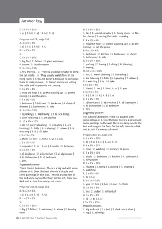 © ASA, FLY HIGH 7, Teacher’s Resource File
440
Answer key
EDITABLE/PHOTOCOPIABLE
C. 5 x 7% = 35%
1. a) | 2. b) | 3. a) | 4. b) | 5. b)
Progress test 2A, page 356
A. 4 x 2% = 8%
1. c) | 2. a) | 3. b) | 4. c)
B. 1 x 2% = 2%
1.
C. 5 x 2% = 10%
1. big flat | 2. father | 3. giant windows |
4. above | 5. laundry room
D. 5 x 3% = 15%
1. Yes, there is. | 2. There is a special elevator to bring
the car inside. | 3. They usually watch films in the
living room. | 4. No, he doesn’t. Because he only goes
there to make chores. | 5. Frank’s sisters are setting
the table and his parents are cooking.
E. 4 x 1% = 4%
1. mop the floor | 2. do the washing up | 3. do the
ironing | 4. cut the grass
F. 6 x 1% = 6%
1. bedroom | 2. kitchen | 3. bookcase | 4. chest of
drawers | 5. bathroom | 6. sofa
G. 5 x 2% = 10%
1. is parking | 2. are having | 3. Is Jack doing |
4. aren’t clearing | 5. am waving
H. 10 x 1% = 10%
1. do | 2. aren’t cleaning | 3. is reading | 4. are
listening | 5. folds | 6. is playing | 7. relaxes | 8. is
watching | 9. is | 10. take
I. 5 x 1% = 5%
1. them | 2. her | 3. him | 4. us | 5. you
J. 5 x 1% = 5%
1. opposite | 2. in | 3. on | 4. under | 5. between
K. 5 x 1% = 5%
1. c) bookcase | 2. e) armchair | 3. a) skyscraper |
4. b) dishwasher | 5. d) bedroom
L. 20%
Suggested answer:
This is Frank’s bedroom. There is a big bed with some
pillows on it. Over the bed, there is a bicycle and
some paintings on the wall. There is a lamp next to
the bed and a rug on the floor. On the left, there is a
desk and a chair. It’s a very cool room!
Progress test 2B, page 361
A. 4 x 2% = 8%
1. a) | 2. a) | 3. b) | 4. b)
B. 1 x 2% = 2%
1.
C. 5 x 2% = 10%
1. big | 2. father | 3. windows | 4. above | 5. laundry
room
D. 5 x 3% = 15%
1. Yes | 2. special elevator | 3. living room | 4. No…
his chores | 5. setting the table… cooking
E. 4 x 1% = 4%
1. mop the floor | 2. do the washing up | 3. do the
ironing | 4. cut the grass
F. 6 x 1% = 6%
1. bedroom | 2. kitchen | 3. bookcase | 4. chest |
5. bathroom | 6. sofa
G. 5 x 2% = 10%
1. parking | 2. having | 3. doing | 4. clearing |
5. waving
H. 10 x 1% = 10%
1. do | 2. aren’t cleaning | 3. is reading |
4. are listening | 5. folds | 6. is playing | 7. relaxes |
8. is watching | 9. is | 10. take
I. 5 x 1% = 5%
1. them | 2. her | 3. him | 4. us | 5. you
J. 5 x 1% = 5%
1. B | 2. B | 3. A | 4. B | 5. A
K. 5 x 1% = 5%
1. c) bookcase | 2. e) armchair | 3. a) skyscraper |
4. b) dishwasher | 5. d) bedroom
L. 20%
Suggested answer:
This is Frank’s bedroom. There is a big bed with
some pillows on it. Over the bed, there is a bicycle and
some paintings on the wall. There is a lamp next to the
bed and a rug on the floor. On the left, there is a desk
and a chair. It’s a very cool room!
Progress test 2C, page 366
A. 5 x 4% = 20%
1. b) | 2. a) | 3. c) | 4. a) | 5. c)
B. 4 x 3% = 12%
1. mop | 2. washing | 3. ironing | 4. grass
C. 5 x 2% = 10%
1. study | 2. bedroom | 3. kitchen | 4. bathroom |
5. living room
D. 5 x 2% = 10%
1. reading | 2. doing | 3. playing | 4. clearing |
5. watching
E. 2 x 4% = 8%
1. b) | 2. a)
F. 5 x 2% = 10%
1. you | 2. him | 3. her | 4. our | 5. them
G. 3 x 3% = 9%
1. on | 2. under| 3. in front of
H. 3 x 2% = 6%
1. c) | 2. b) | 3. a)
I. 5 x 3% = 15%
Possible answers.
1. big and cool | 2. a bed | 3. desk and a chair |
4. rug | 5. paintings
 