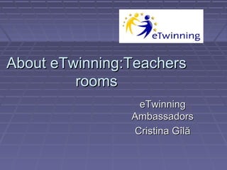 About eTwinning:Teachers
         rooms
                 eTwinning
                Ambassadors
                Cristina Gîlă
 